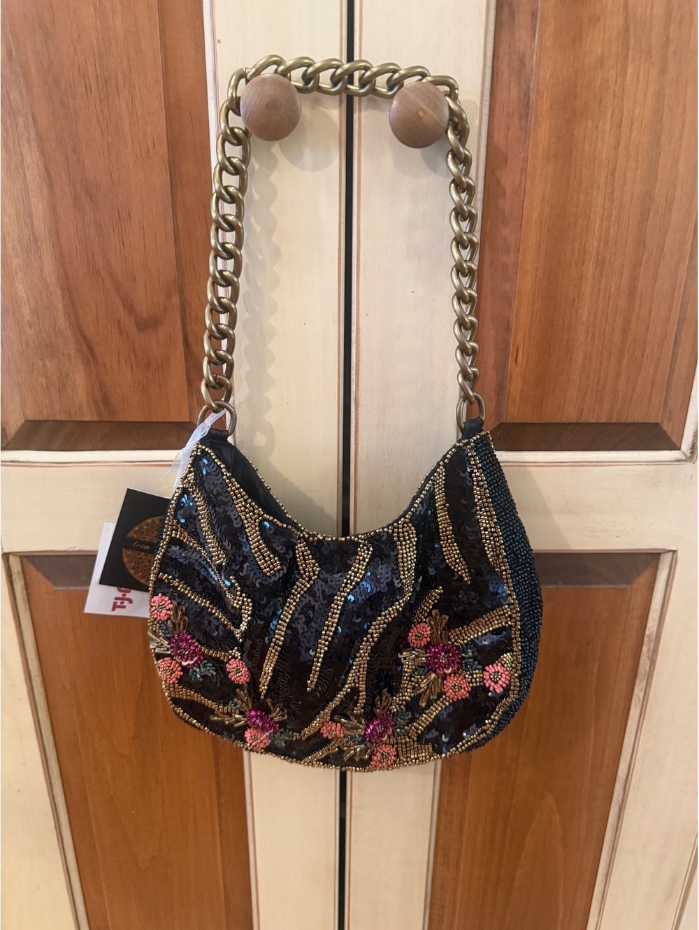 Beaded Black Evening Shoulder Bag with Floral and Gold Sequin Embellishments